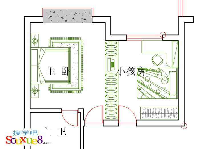 AutoCAD2015中文版住宅套房室内布置图之布置主卧室和小孩房平面图教程