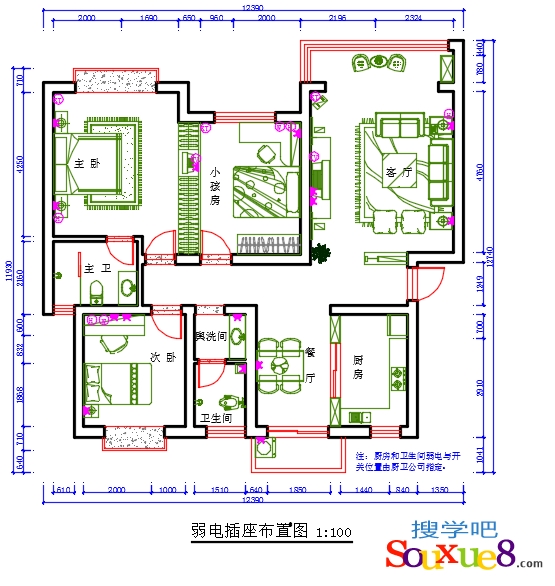 AutoCAD2015中文版住宅套房室内弱电与插座布置图的绘制实例教程