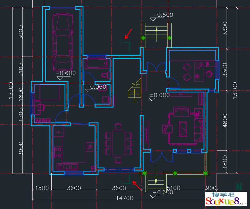 AutoCAD2023中文版绘制剖切符号别墅首层平面图的绘图CAD2023教程